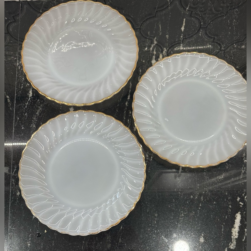 Anchor Hocking Fire King milk glass 3 plates in Golden White Swirl pattern